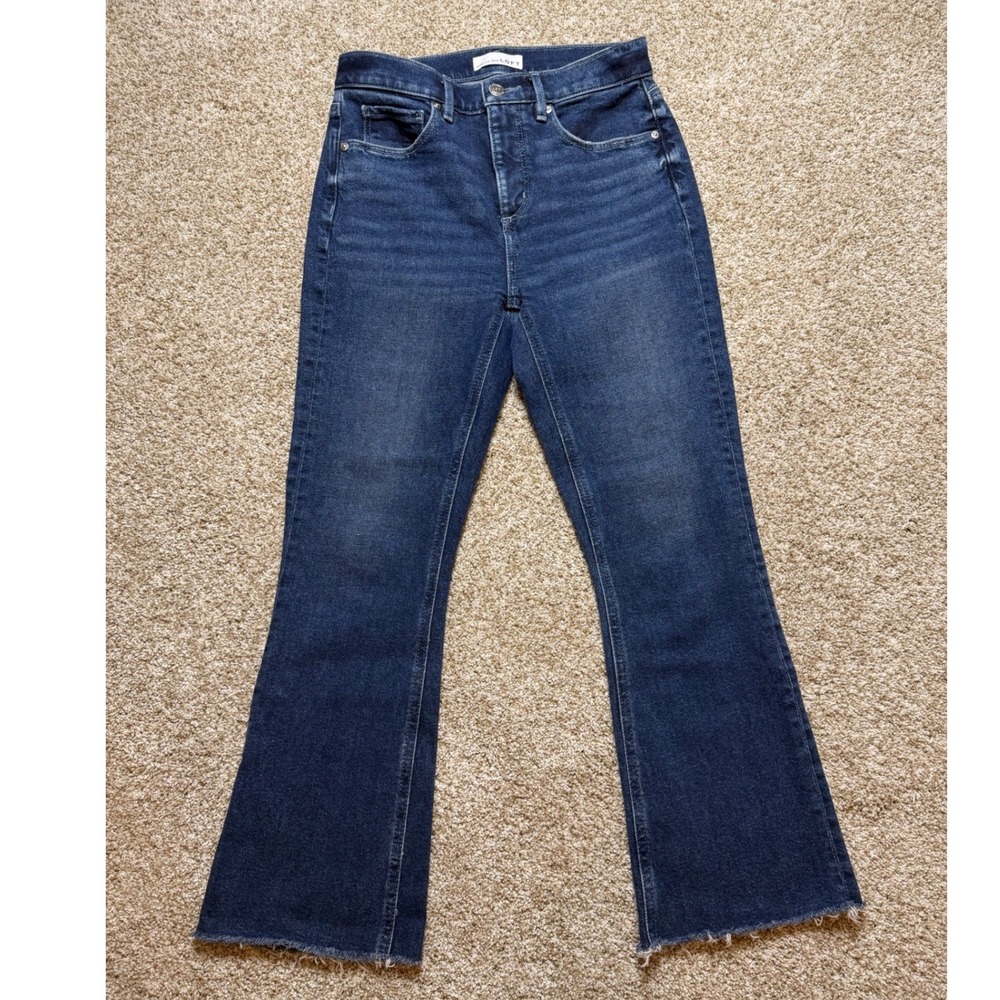 LOFT High Waist Flare Crop Jeans Dark Wash Raw Hem Blue Denim Size 25 0